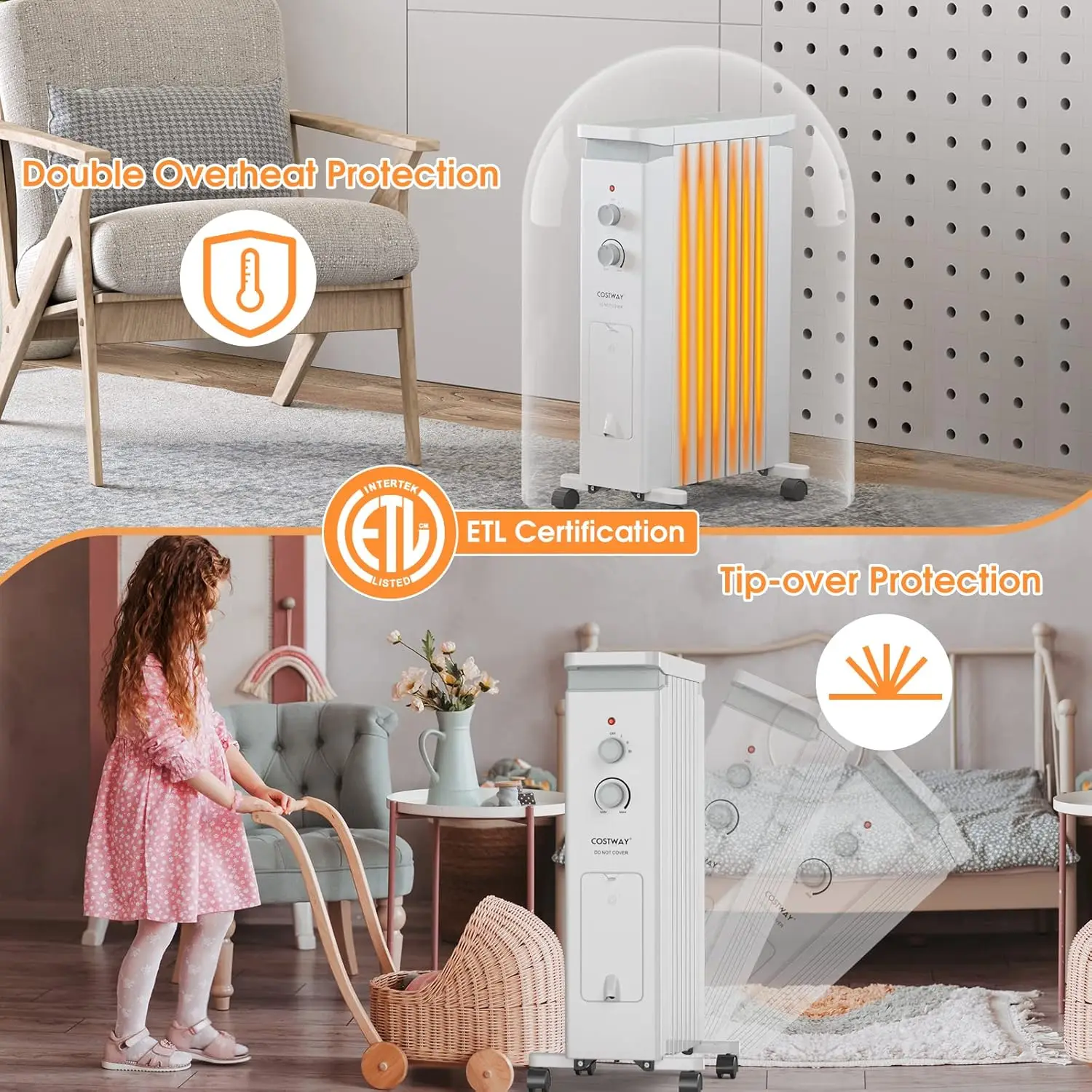 Oil Filled Radiator Heater, 1500W Portable Space Heater with 3 Heat Setting, Built-in Thermostat and Humidification Box