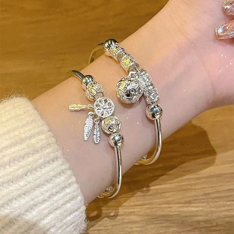 

925 Sterling Silver Adjustable Bangle For Women Fashion Vintage Tassel Feather Round Bead Charm Bracelets Party Wedding Jewelry