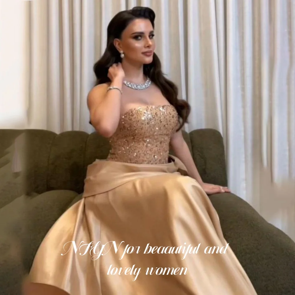 

NFYN Simple Champagne Evening Dress Strapless Satin Sequins Party Dress Gown with Pleats Mermaid Party Dresses Gown Customized
