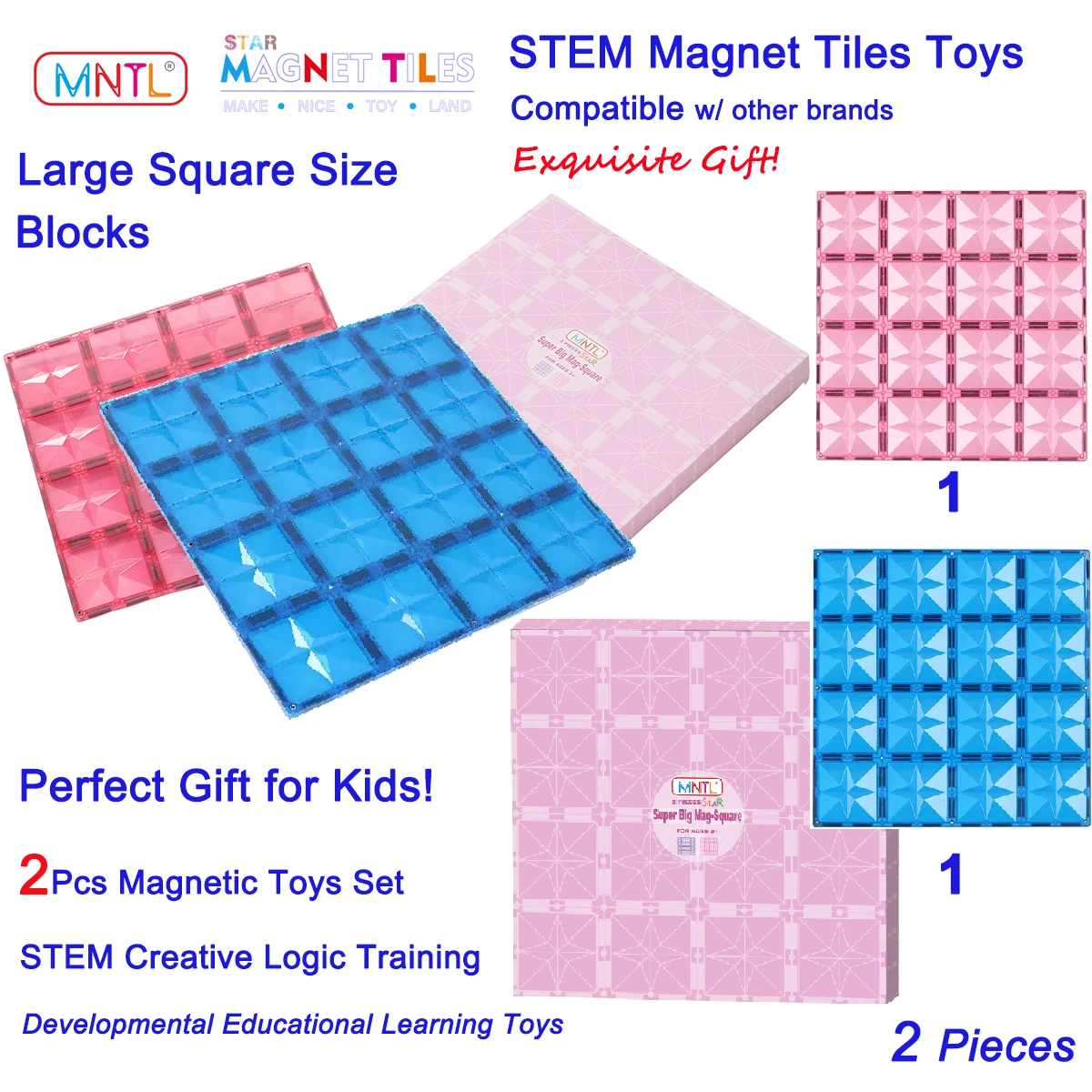 MNTL 2 szt. Bloki magnetyczne duże rozmiary budowlane zabawki budowlane kompatybilne płytki magnetyczne marki Super duży kwadratowy uchwyt na deskę dla dzieci