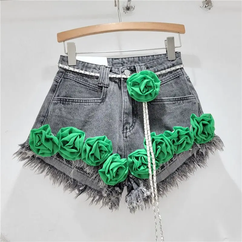 Handmade 3D Flowers Slim Denim Shorts Women Summer Autumn High Waist Short Jeans Trousers Floral Embroidery Pantalones