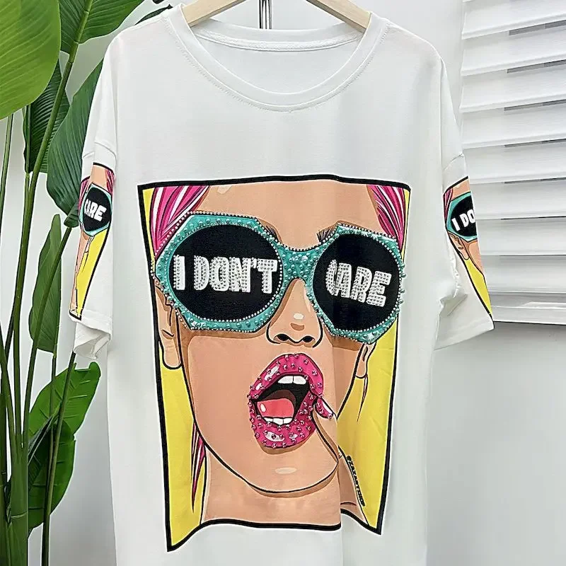Cotton T Shirts Women Beauty Pattern Print T-shirt Hot Fix Niche Design Short Sleeve Tops 2025 New in Summer Trendy Tshirt Y2k