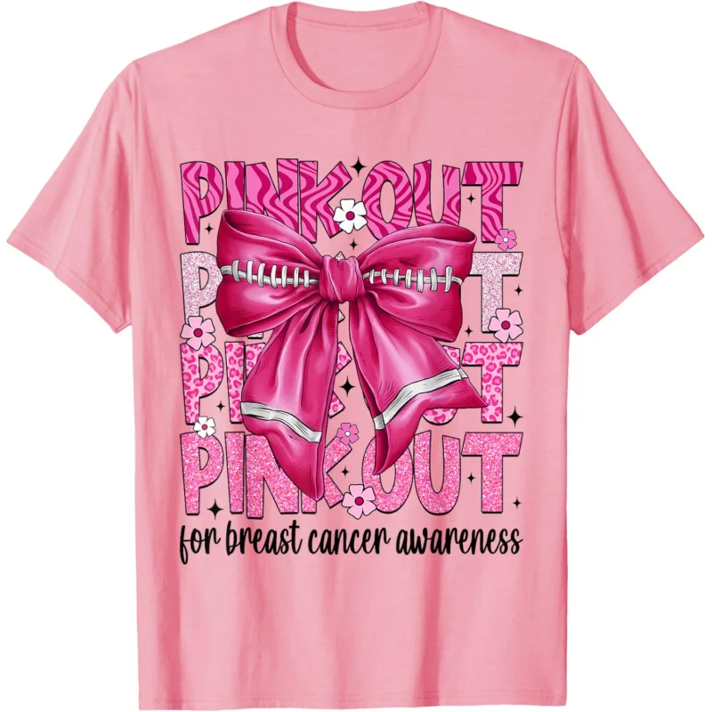 Football team breast cancer promotion bow pink T-shirt