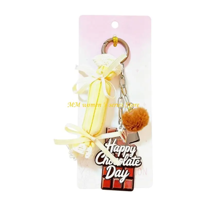 Q39C Bag Hanging Keychain Charm with Fabric Candy Design, Round Clip Ring, Lace Ribbon Detail and Acrylic Plaque Use