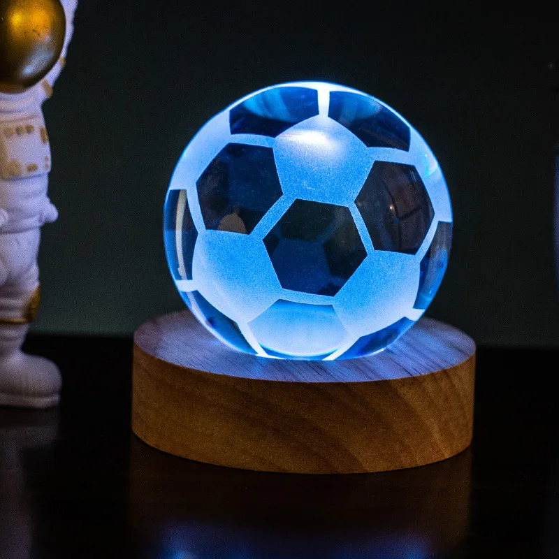 1pc 3D Soccer Atmosphere Lamp Crystal Ball Table Decorative Beech Wood Base Creative Night Light Gift for Friends