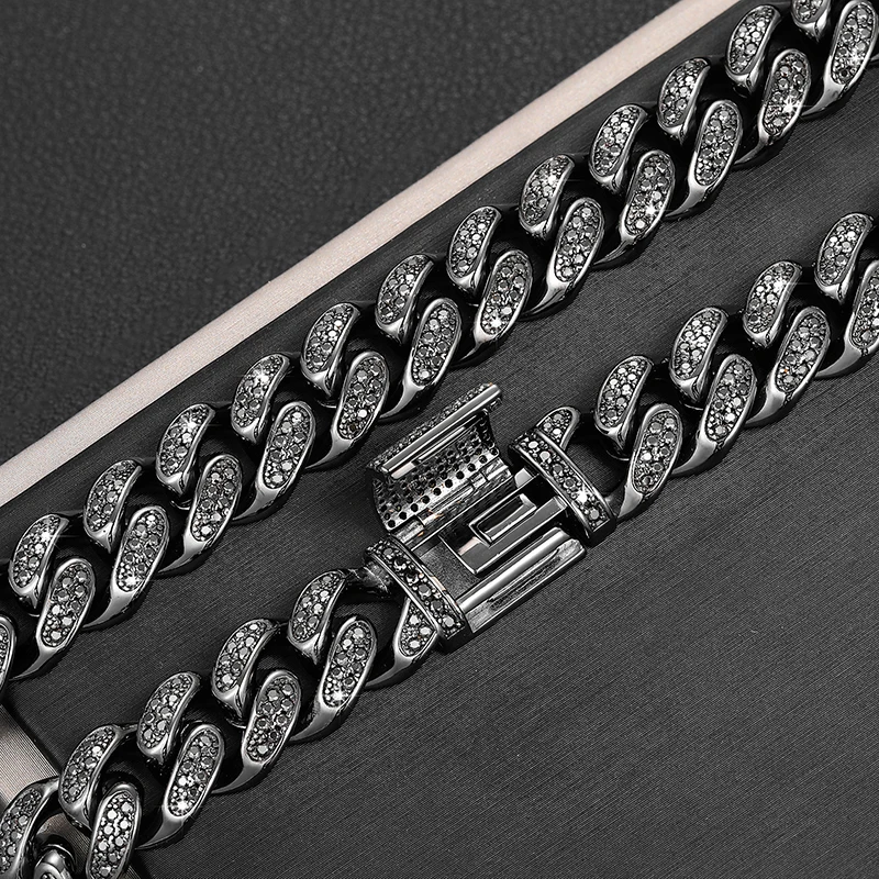 Item Fresh 12mm Black VVS Moissanite Iced Out Cuban Link Chain Hip Hop Fine Jewelry 925 Sterling Silver Diamond Cuban Necklace.