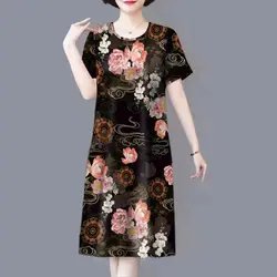 Literature and Art Vintage 2023 Summer New Printing Short Sleeved Ice Silk Round Neck Loose Midi Straight Dresses for Women