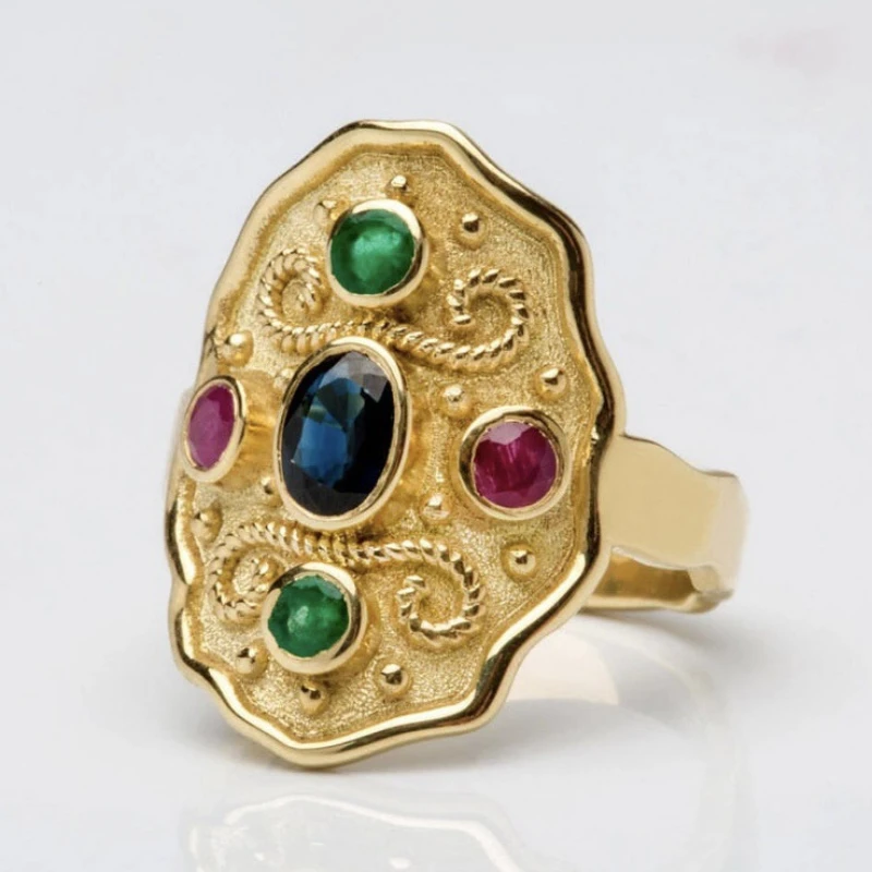 Vintage unisex accessory set with colorful gemstones and geometric alloy ring