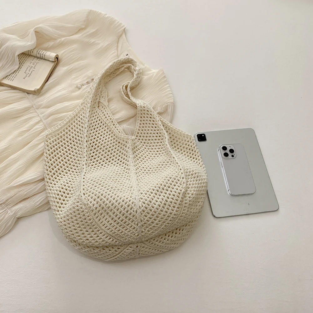 

Women Crochet Tote Bag Hollow Out Tote Bag Large Capacity Woven Shoulder Bag Solid Color Simple Shopping Bag for Summer Beach