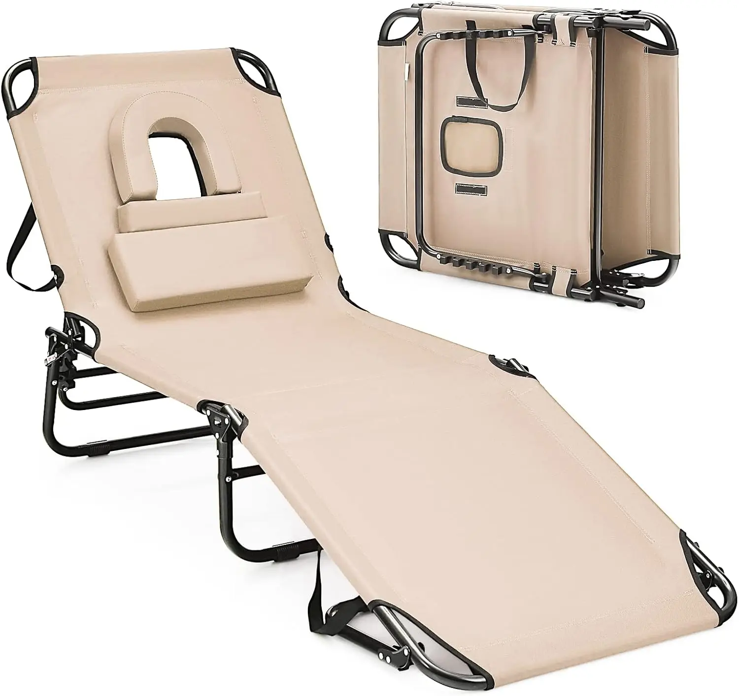 

Foldable Chaise Lounge Chair With Face Hole & Detachable Pillows, Portable Sunbathing Tanning Chair With 5 Adjustable