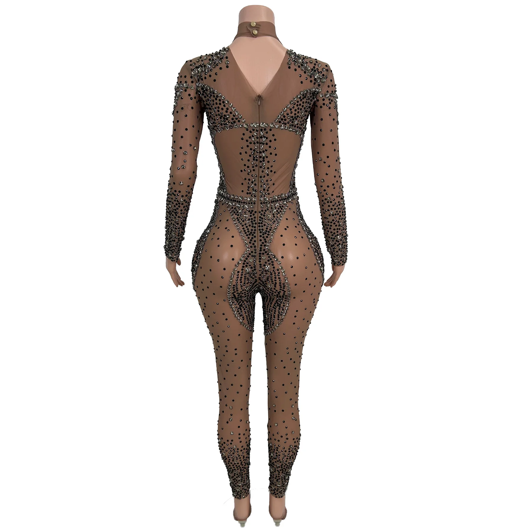 Sparkly Rhinestone Long Sleeve Tight Fitting Jumpsuit Black High Neck Bodycon Stage Outfit Women Singer Nightclub Costume Moyu