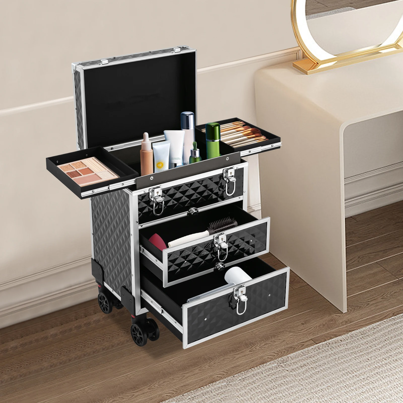 

3 Tiers Professional Rolling Makeup Case,Cosmetic Organizer with Sliding Drawers,Black Makeup Case with 360° Rotatable Wheels