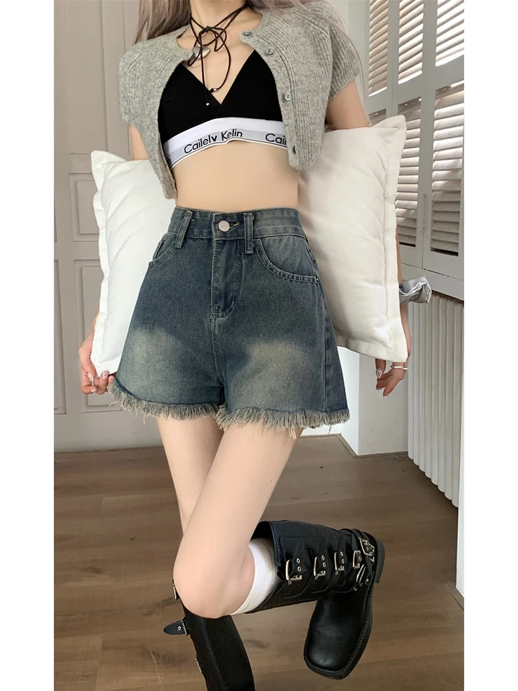 

High Waist A-Line Denim orts Women's plus Size Summer Wide Leg Pants Hot Girls Casual Outerwear Blue Frayed Hem