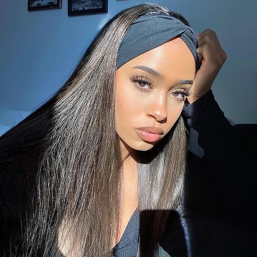 

40-дюймовый натуральный черный прямой парик с повязкой на голову, плотность 250%, человеческие волосы, машинное производство, без кружева спереди, объем, удобный