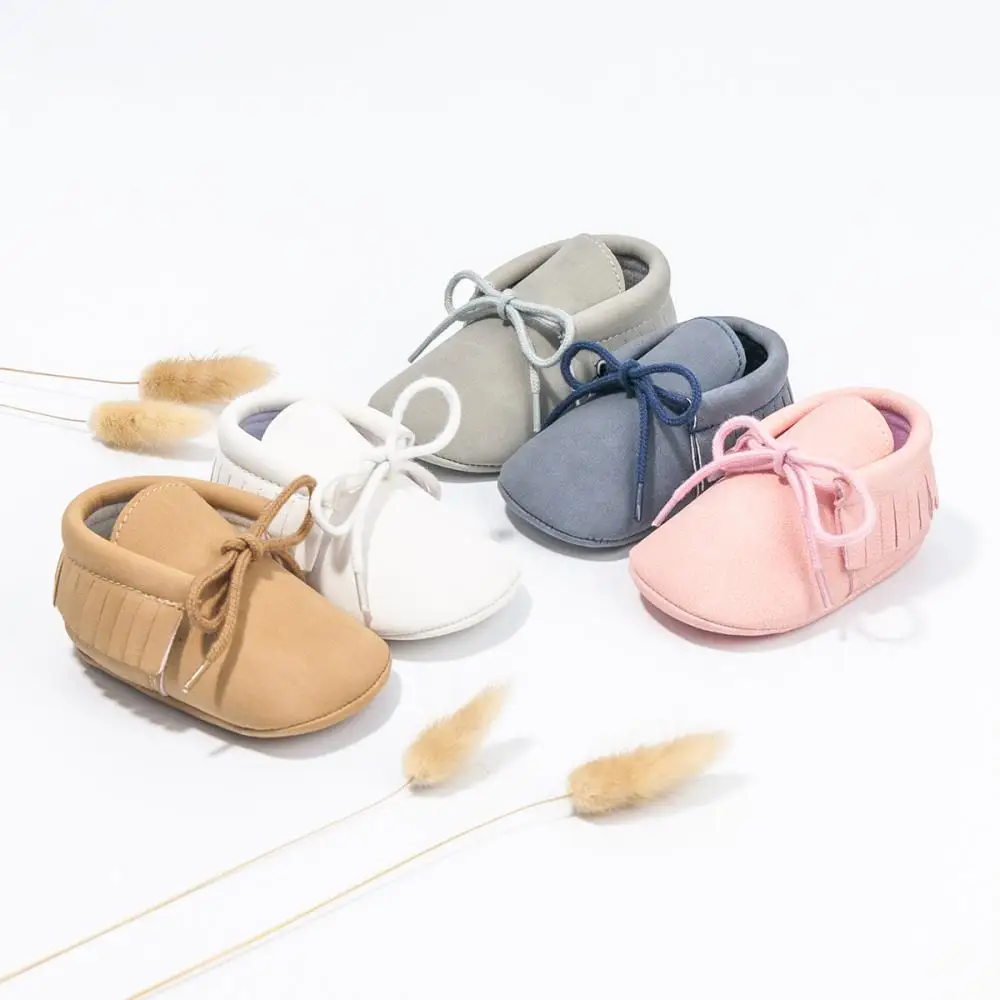 

Four Seasons Solid Color Newborn Baby Walking Shoes Anti-Slip Lace-Up Tassel Crib Shoes 0-18M Baby Boys and Girls Casual Shoes