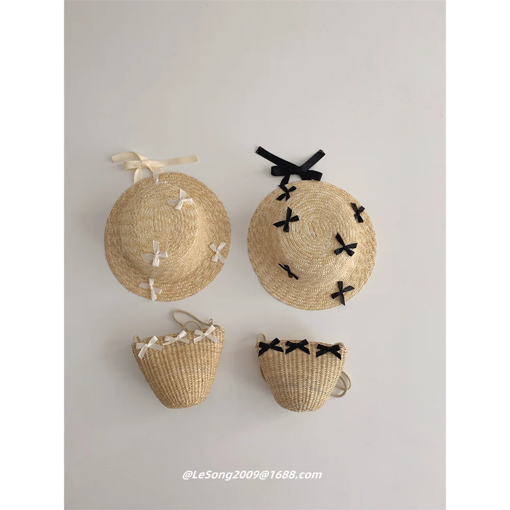

Children's Straw Hat Bag Set 2025 Summer Bow Sun Protection Beach Straw Hat Girls Wind Straw Hat Bag Set