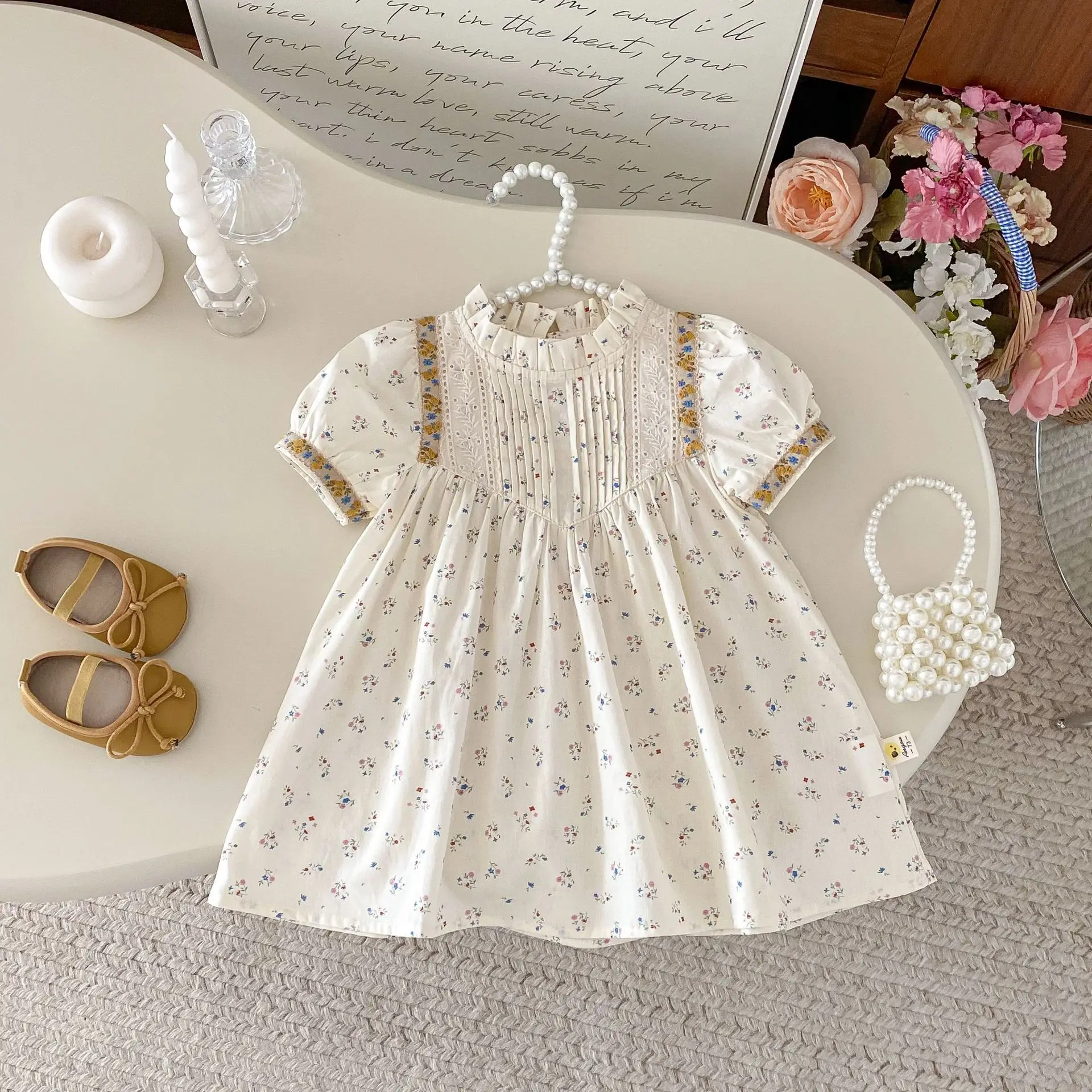 

2025 Summer New Girls Cute Lace Collar Dress Children Short Sleeve Dress Baby Girl Floral Princess Dress Cotton Kids Clothes
