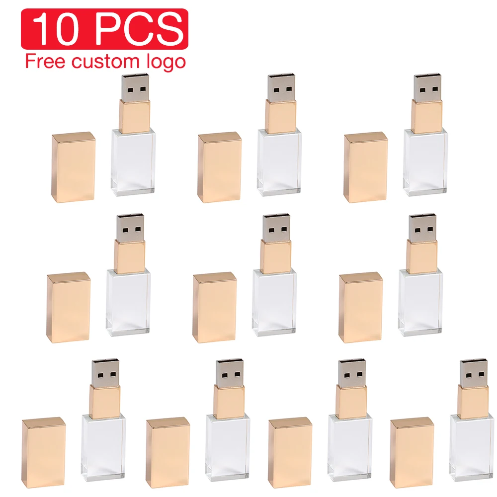 10 PCS LOT Golden Crystal USB Flash Drive 128GB Memory stick 64GB 3D Laser Engraving Pen drive U disk Wedding Gifts  Free logo