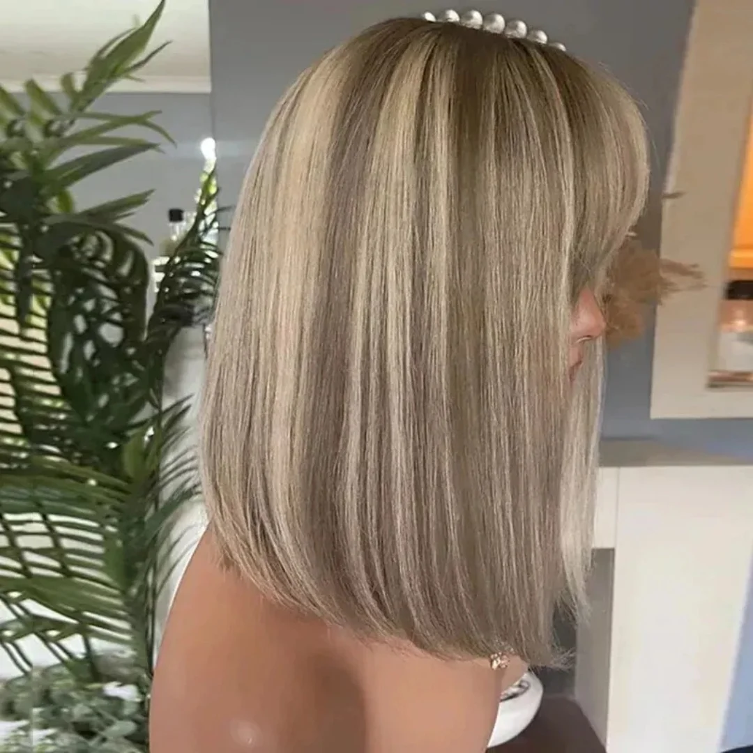 숄더 내추럴 스트레이트 여성용 가발 뉴 밥 옴브레 하이라이트 애쉬 블론드 합성 HD 레이스 프론트 가발 리얼리스틱 헤어라인 가발