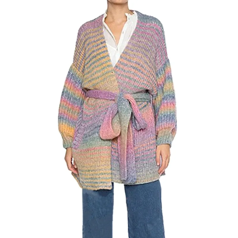 Qiukichonson Vintage Gradient Rainbow Striped Cardigan Knit Women Lantern Sleeve Tunic Belted Cardigan Coat Gardigan pull femme