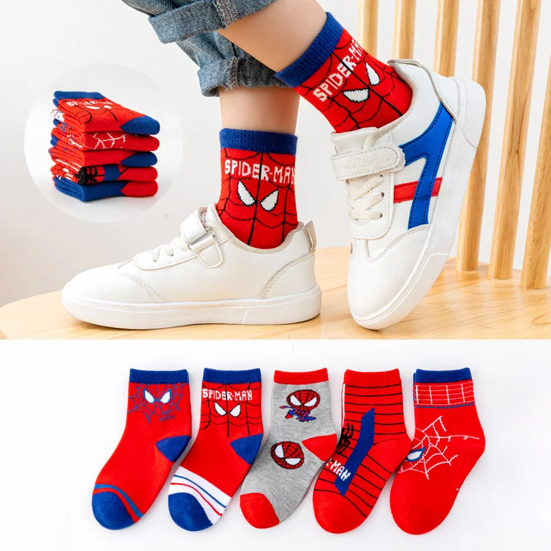 5 Pairs Cartoon Socks for Baby Boys Spiderman Anime Figure Cotton Socks Superhero Iron Man Captain America Children Sports Socks