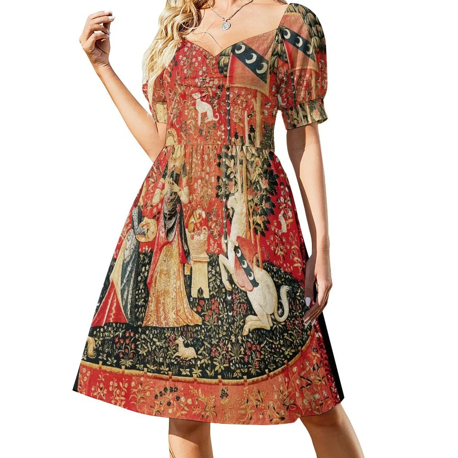 

LADY AND UNICORN,SMELL,Lion,Fantasy Flowers,Animals Red Green Floral Tapestry Short Sleeved Dress evening dress Dress