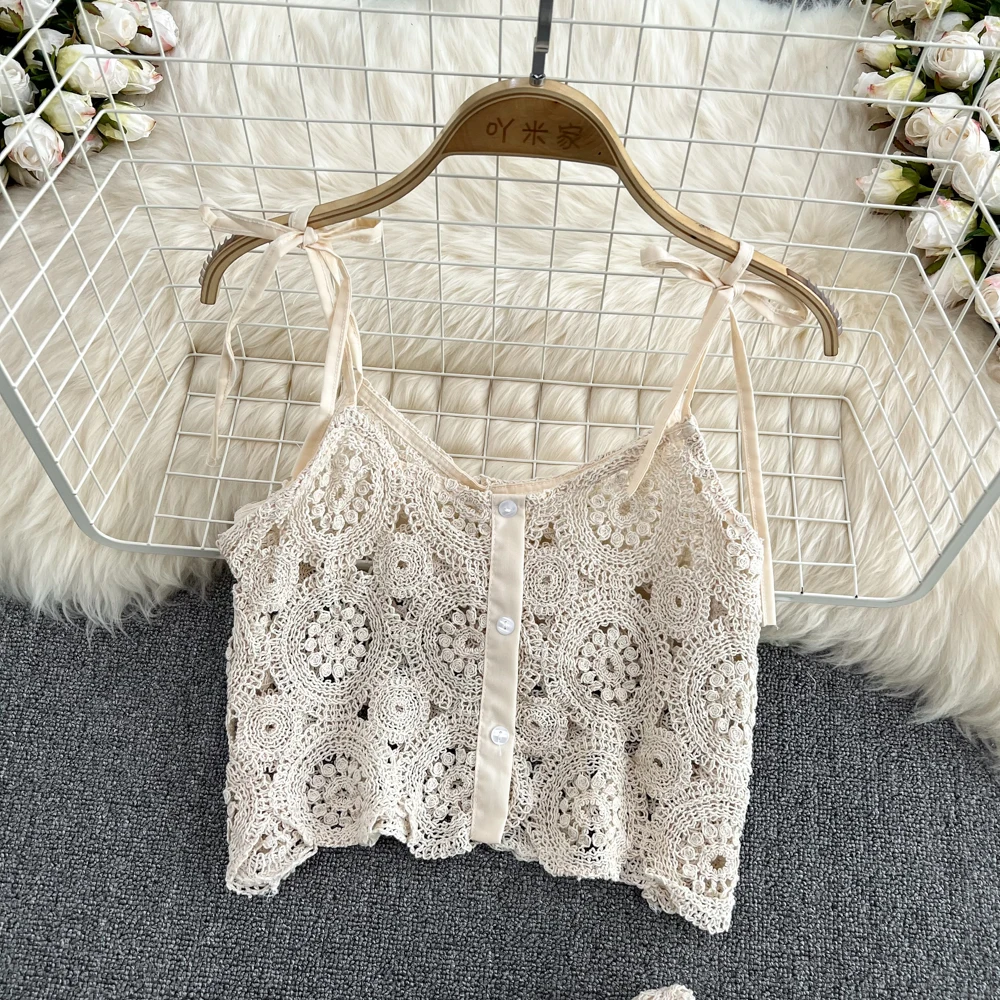 Beach Vaion Faion Set Women Sweet Hook Flower Hollow out Strap Vest Two Piece High Waist Midi Skirt f Body Skirt