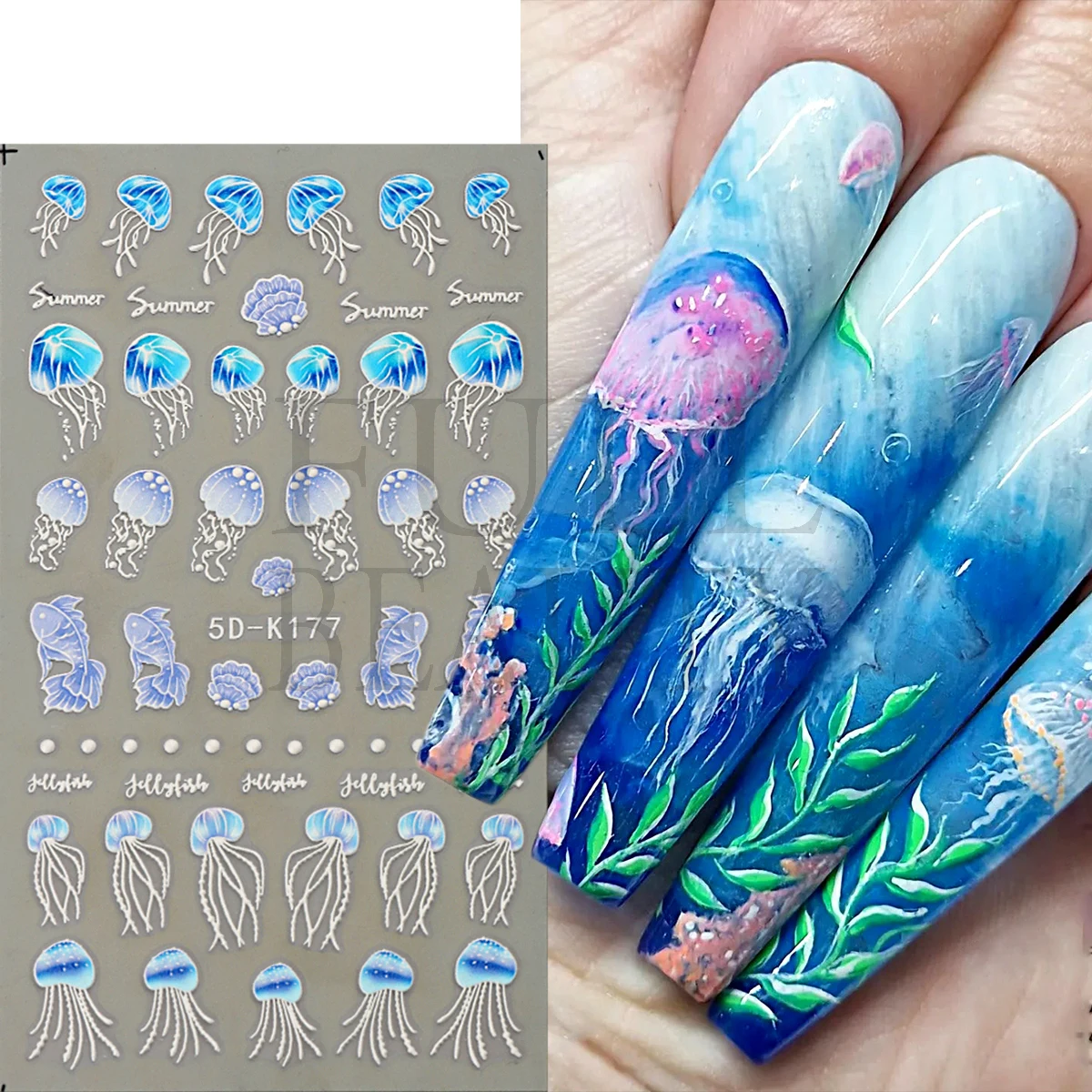 5D Marine Life Nail Art Stickers Jellyfish Starfish Seahorse Nail Design Decals Bronzing Gradient Marble Lines Sliders LE5D-K175