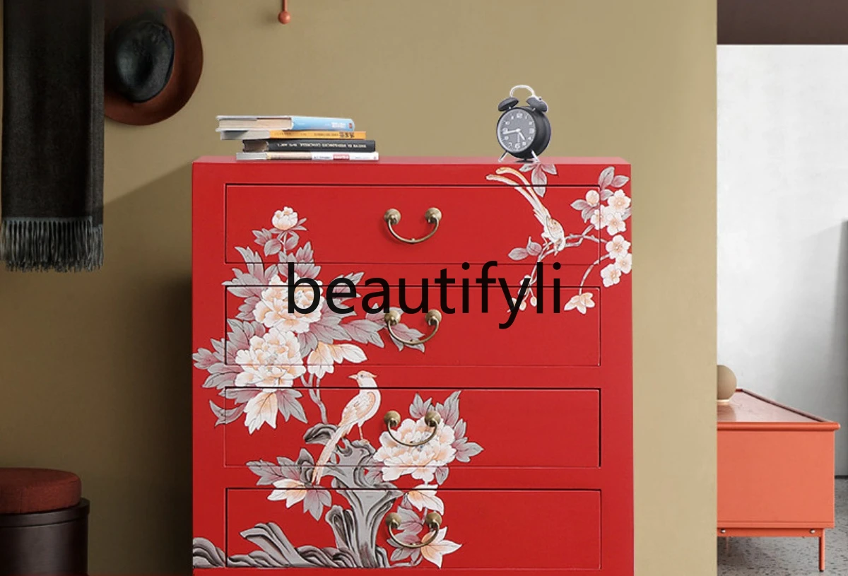 New Chinese solid wood chest modern simple hand-painted multi-chest cabinet living room bedroom four-bucket locker