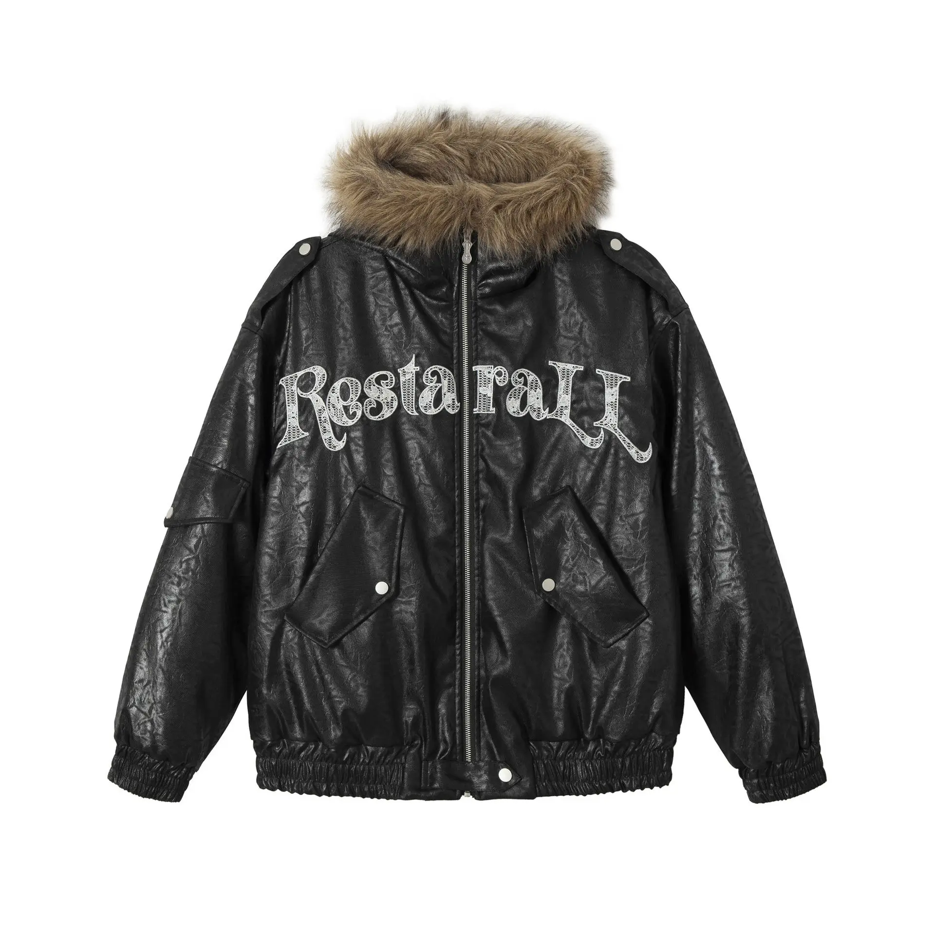 Vintage Pu Leather Jacket Fur Collar Thick Warm Parkas Jacket 2024 Winter Letter Embroidered Jacket Coats Hip Hop Streetwear