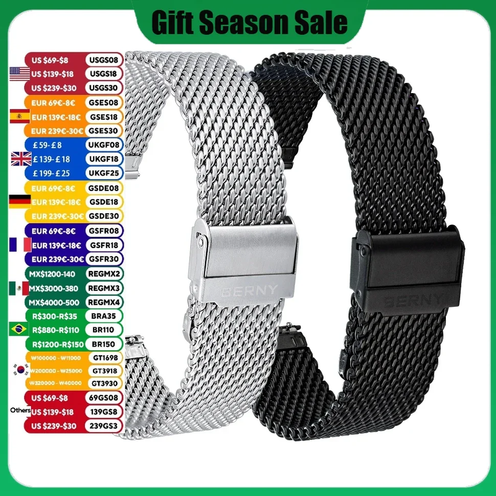 Mesh Watch Band for Mens Quick Release Adjustable Milanese Bracelet Mesh Watch Straps 18 20 22 24 mm Stainless Steel Watchbands