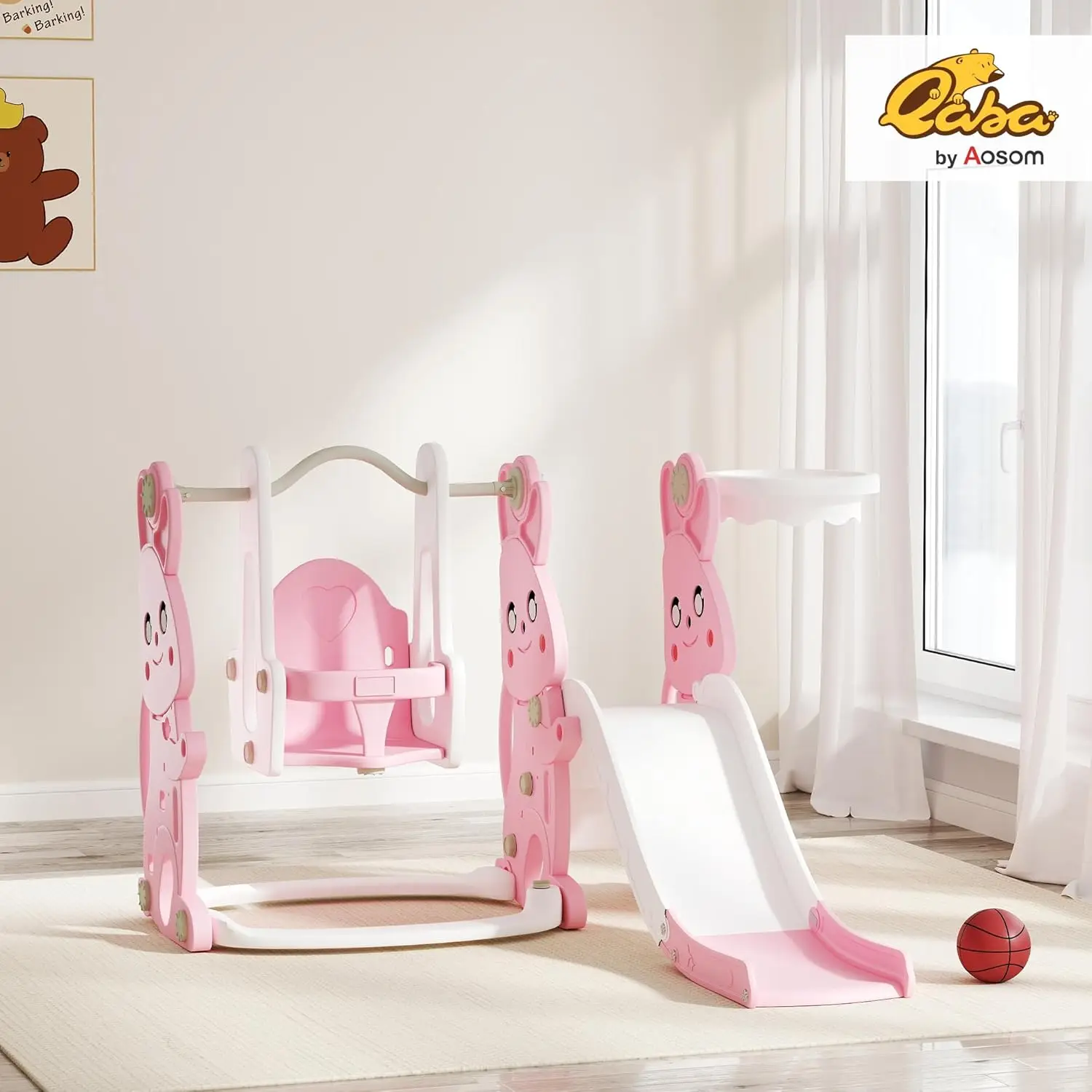 Juego de columpio y tobogán para niños pequeños 4 en 1, juego para niños de 1,5 a 4 años, parque infantil con tobogán para niños con temática de conejo con escalador, cesta Ho