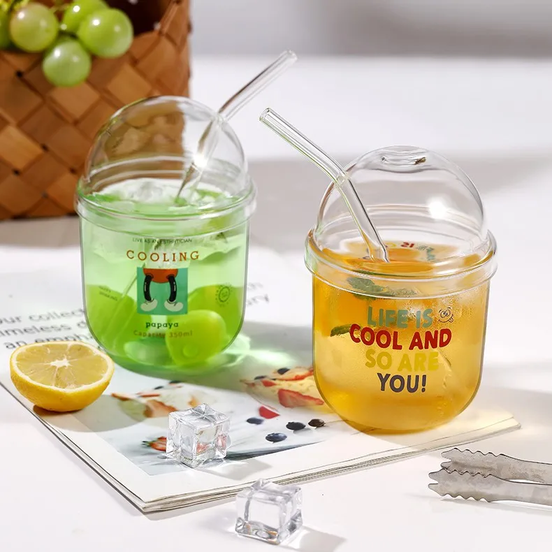 

440ML straw cup with lid ins kawaii high borosilicate heat-resistant glass cup juice coffee milk cup cold drink cup Bobo cup