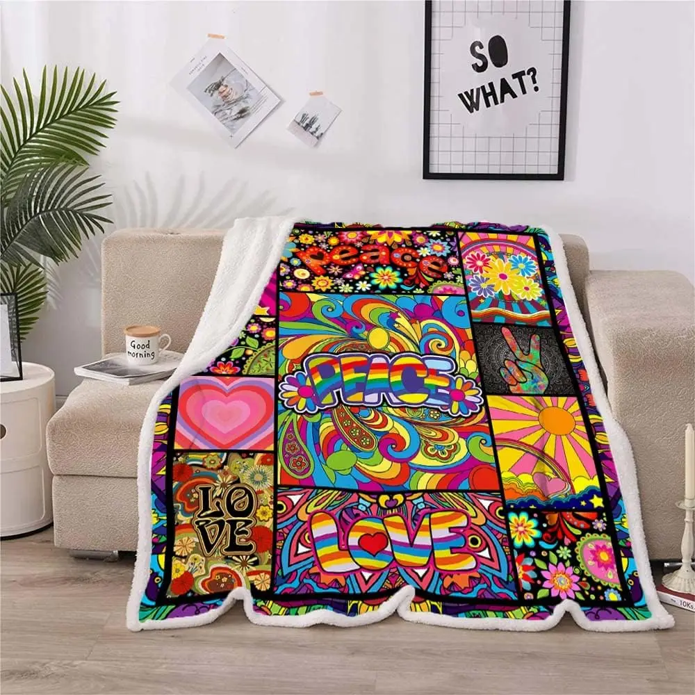 Gift For Hippie Style Peace Love Flower Hippie Throw Blankets Peace Sign Blanket Retro Hippy Stoner Groovy Blanket Hippy Gifts