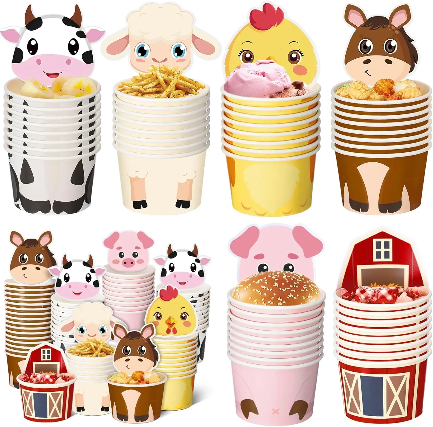 

120 Sets Farm Animal Birthday Decorations Farm Birthday Party Paper Snack Cups with Card 8 oz Disposable Paper Animal Fo