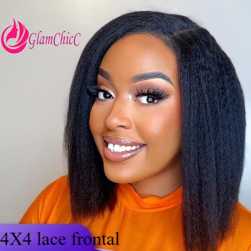 

Premium 4X4 Transparent Lace Frontal Kinky Straight Bob Natural Color Human Hair Wig6-16 Inch Brazilian Virgin Remy 180% Density