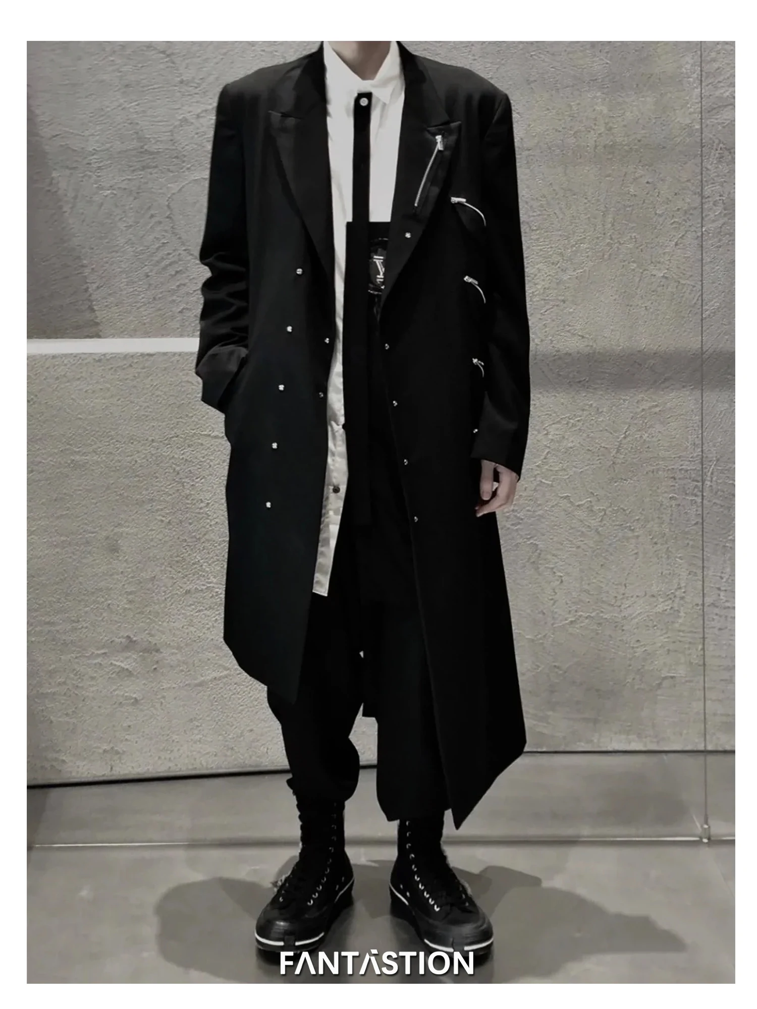 FANTASTION Jackets man long coat zippers pockets Men trench coat oversize unusual jacket Men\'s coats blazers designer jackets