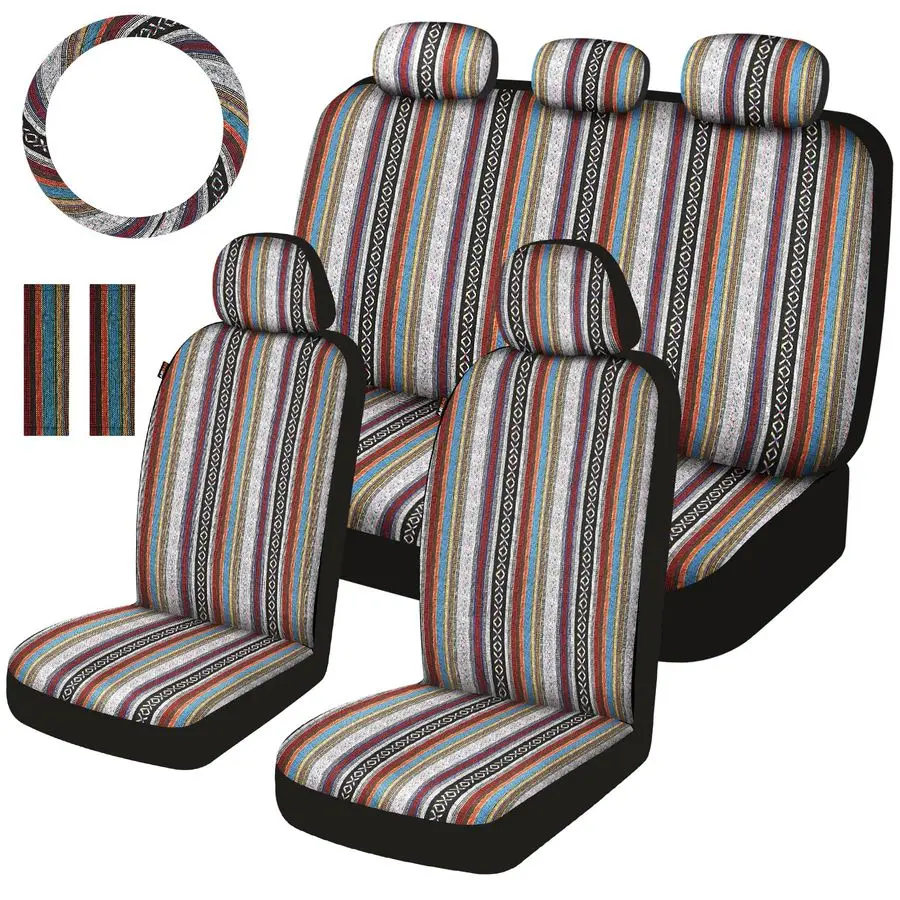 

Saddle Blanket Car Seat Covers Full Set with Seat Belt Pads and Steering Wheel Cover, Washable Breathable Striped Woven Cloth Se