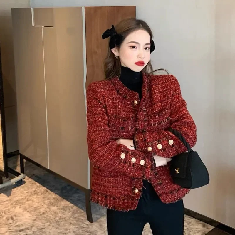 Nieuwe Herfst Jas Franse High end Temperament Rode Geurige Jas Vrouwen Korte Dikke Tweed Uitloper Vrouwelijke Cropped Jas Tops E6279