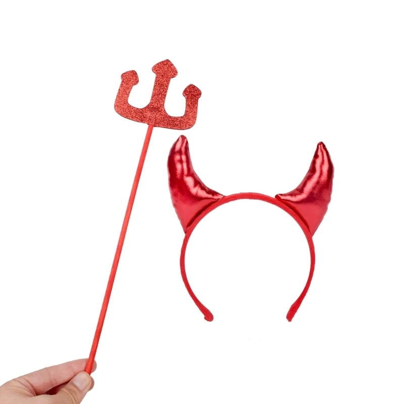 1Set Adults Kids Halloween Devil Costume Accessories Novelty Horns Headband Magic Fork Kit Cosplay Props for Festival Masquerade