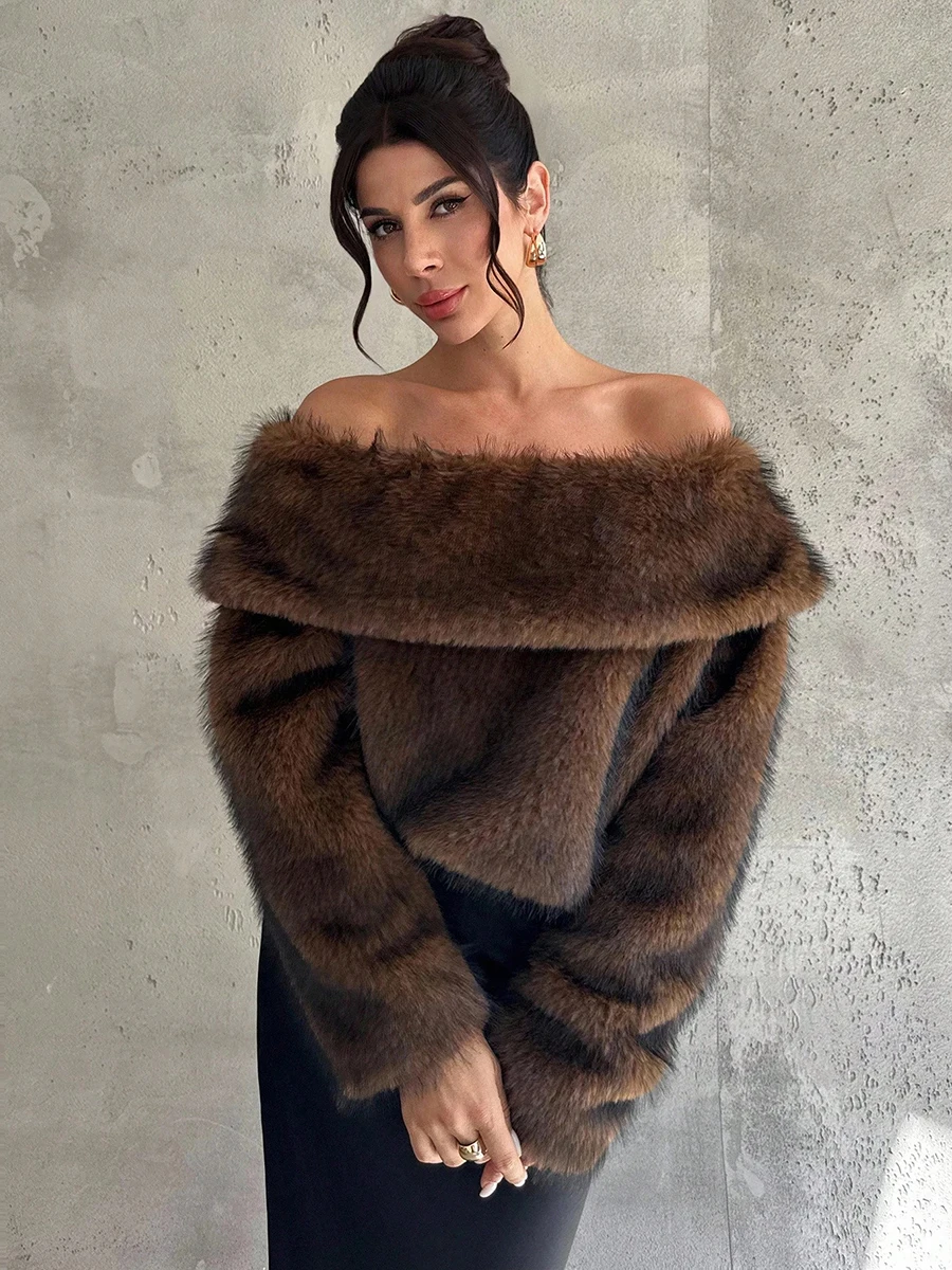 LIMO Off Shoulder Faux Fur Blouse Women Loose Long Sleeve Fluffy Plush Crop Top