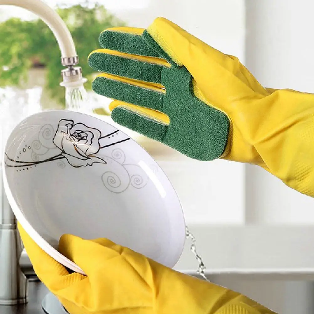 1Pair Premium Dishwashing Gloves with Dual Sided Scouring Pads for Kitchen Car Washing Gardening Heavy Duty Reusable Nonslip
