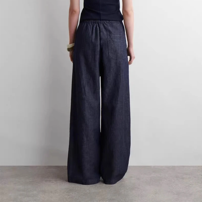 

Summer 2025 Women's High Waist Wide Leg Jeans Dstring Waist Casual Straight Cut Polyester Fiber Commute Sle Trousers