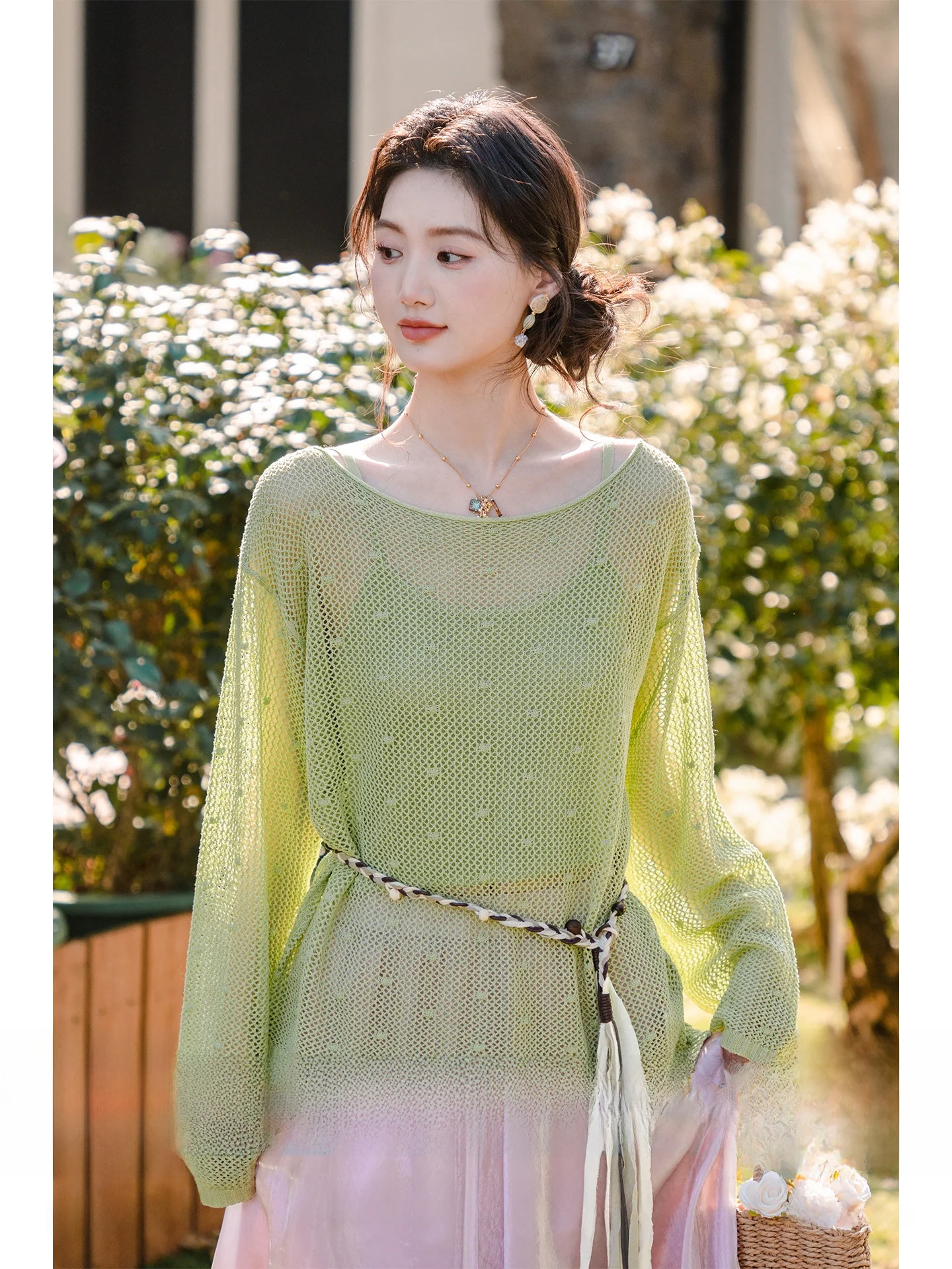 

Loose Knitted Cover up irt Strap Design Spring Summer New Arrival Women's Long Sve Mid-Length Polyester Rayon Linen Blend