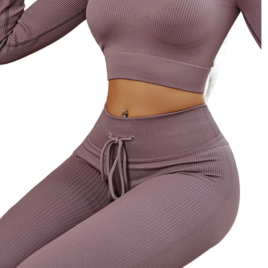 Women Ribbed Leggings Seamless Drawstring Jogging Yoga Tights for