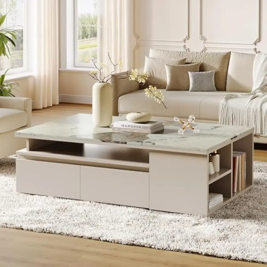 Extendable Tabletop Coffee Table with 4 Drawers & Storage Shelf, Modern from Center Table