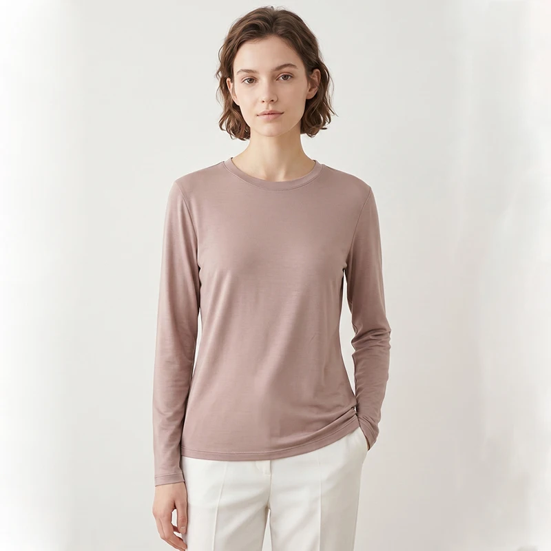 100% Mulberry Silk Knitted Thermal Top Women Autumn Winter Long Sleeve Crew Neck Base Layer Skin-Friendly Undershirt
