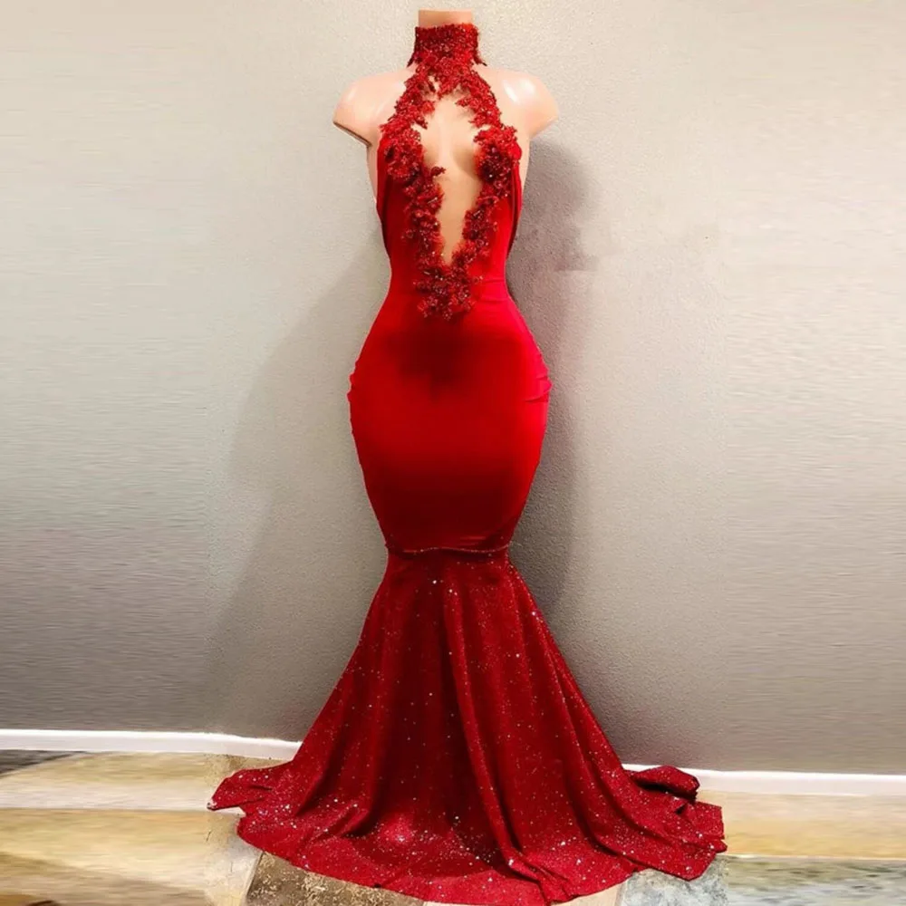 Passionate Red Halter Sequins Beaded Custom Made Evening Dresses Bodycon Satin Mermaid Dress Free Shipping Sparkly Woman Gown