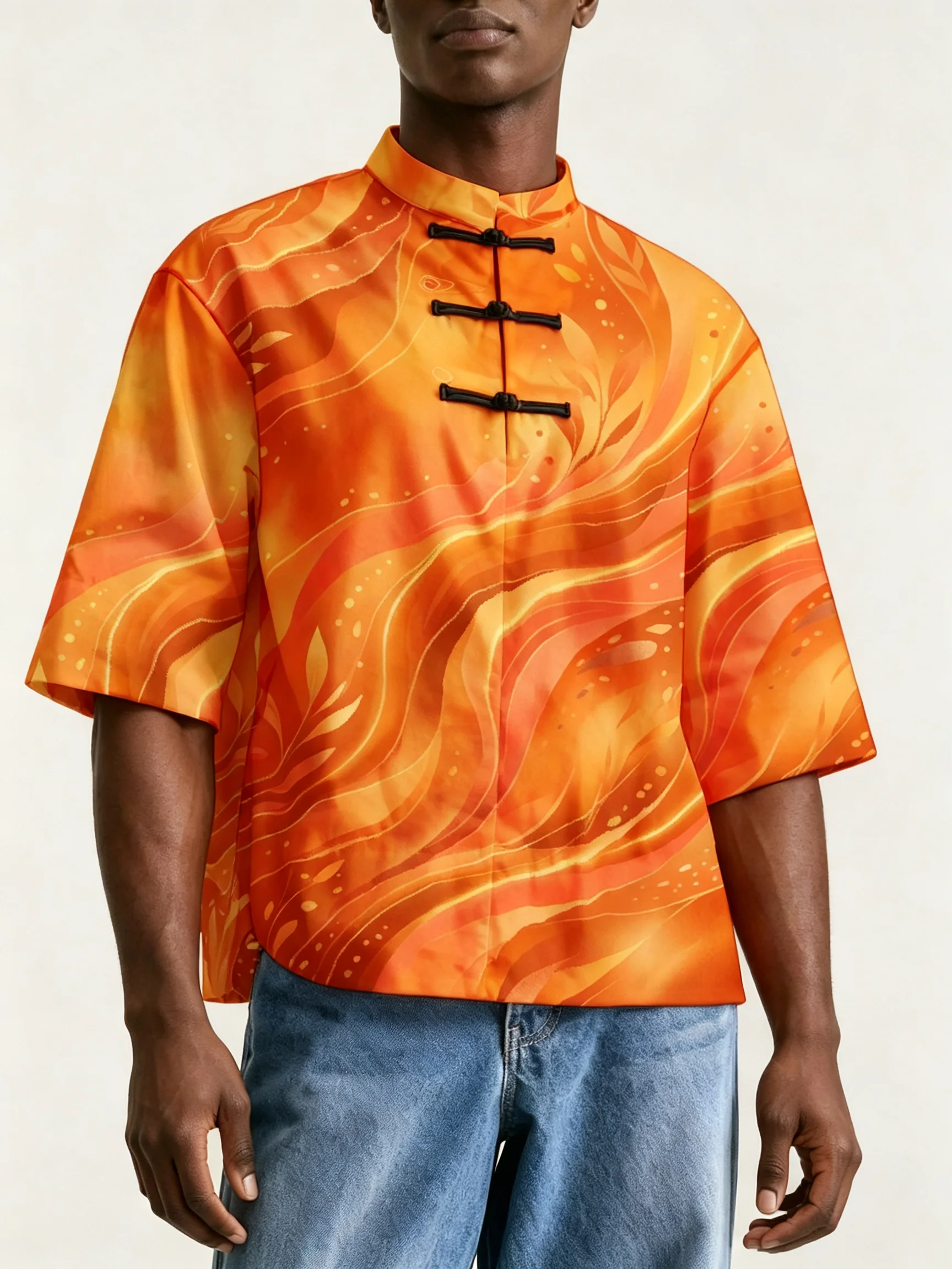 Men Men Chinese Style Frog Button Stand Collar Shirt, Loose Short Sleeve Dragon Flame Print Casual Blouse For Summer - Aliexpress Deal