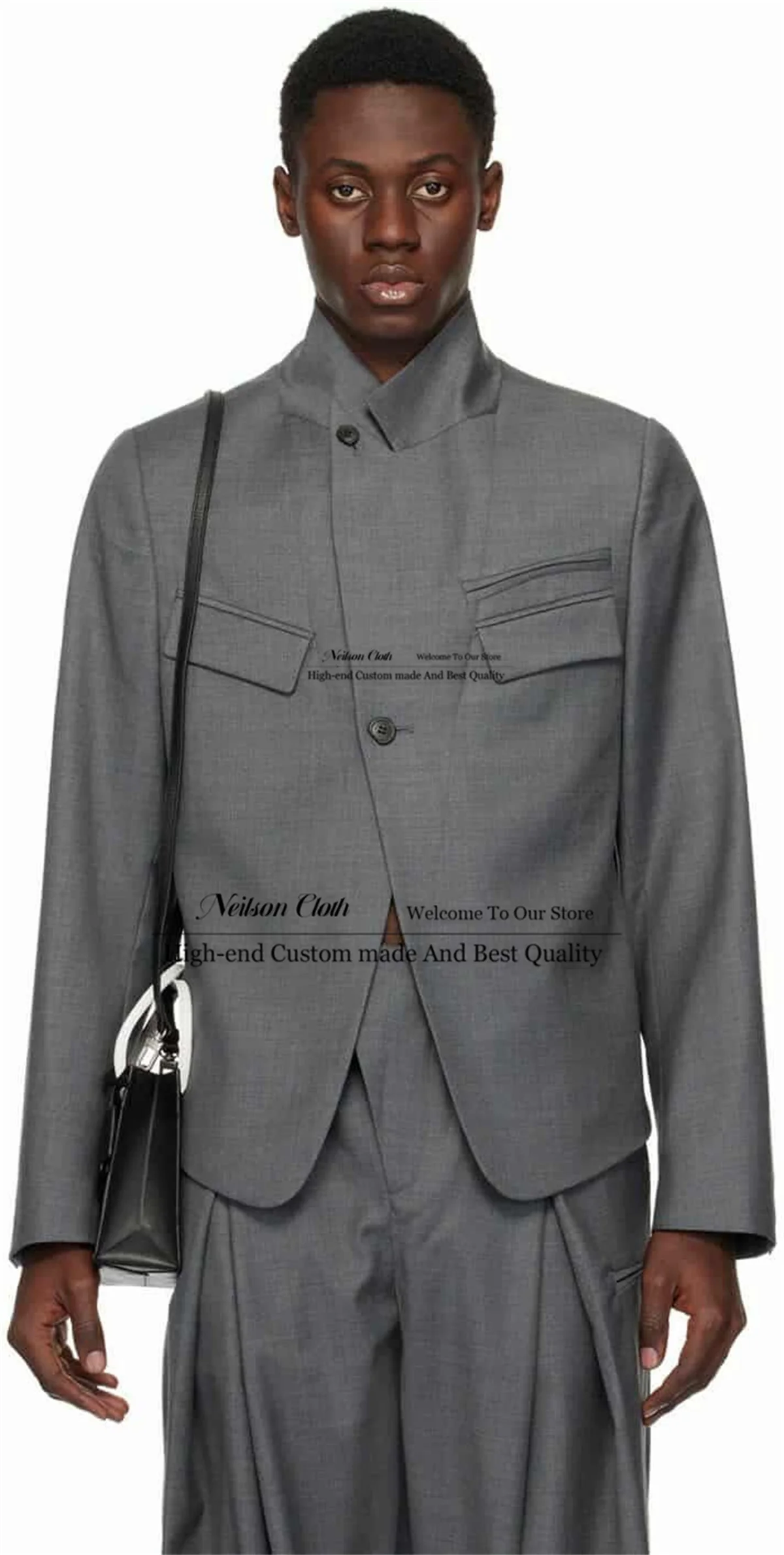 

Fashion Dark Grey Male Prom Blazers 2 Pcs Sets Stand Collar Groom Wedding Tuxedos For Men Loose Customized Terno Masculino